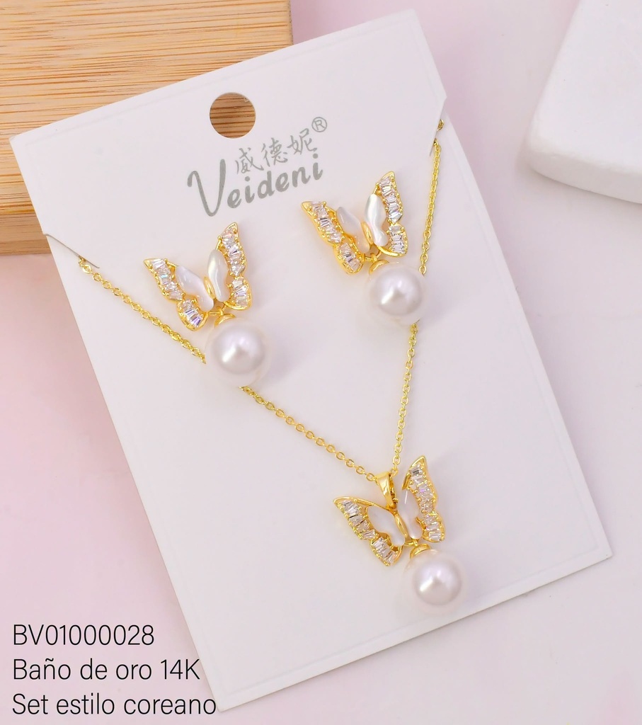 SET BAÑO DE ORO 14K. MARIPOSA ZIRC-NACAR C/PERLA WTZ-094 (VEI080926)