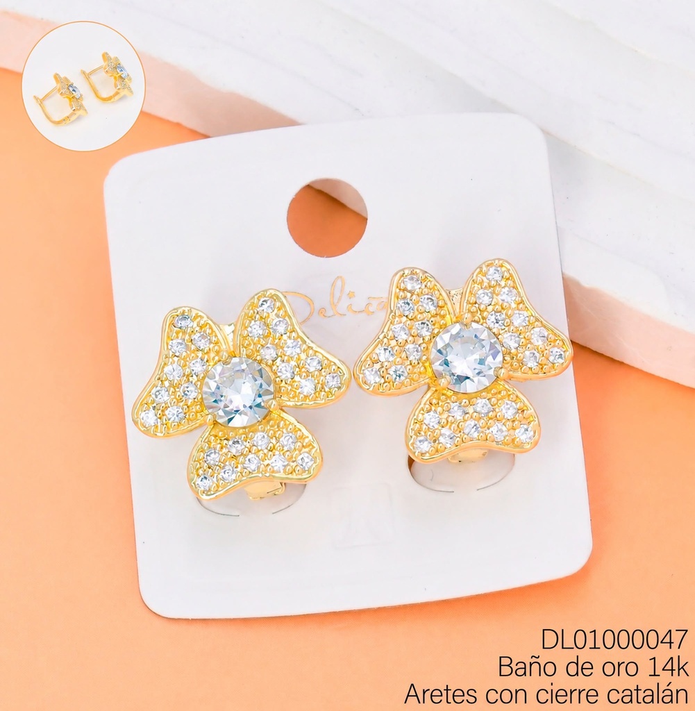 ARETES BAÑO DE ORO 14K FLOR 3 PETALOS ZIRC CRISTAL CENTRO KM492J (DEL1)