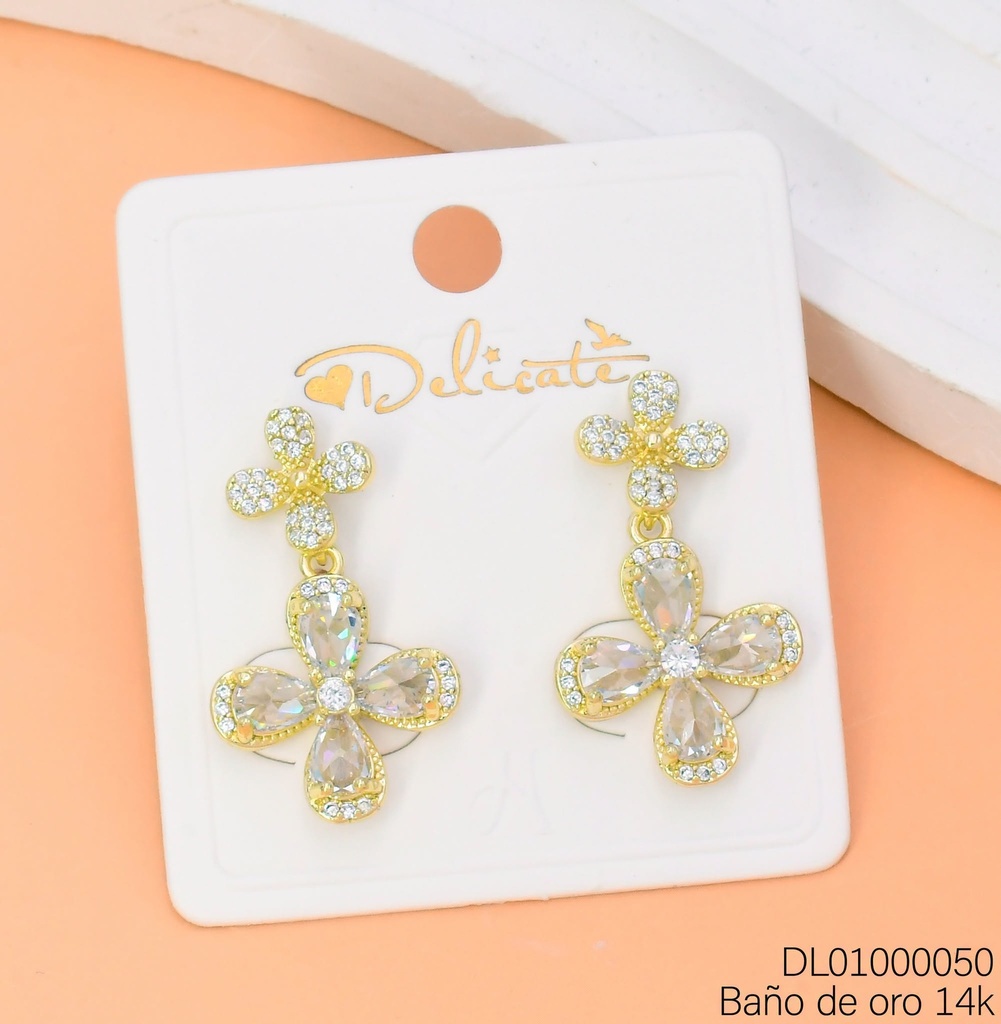 ARETES BAÑO DE ORO 14K 2 FLORES VERT ZIRC. YAH672A (DEL1)