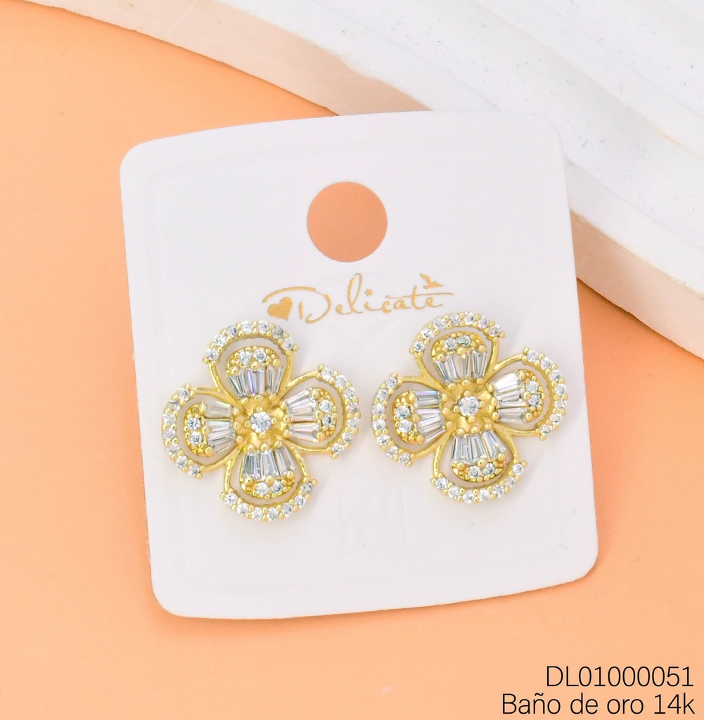 ARETES BAÑO DE ORO 14K FLOR 4 PETALOS ZIRC RECT.&RD XM1906A (DEL1)