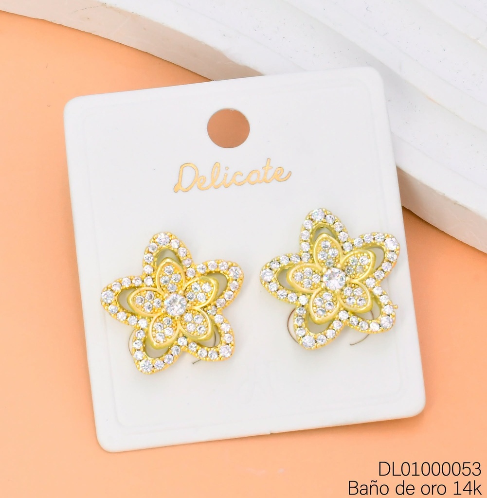 ARETES BAÑO DE ORO 14K FLOR 5 PETALOS 2 NIV. ZIRC CX330B(DEL1)
