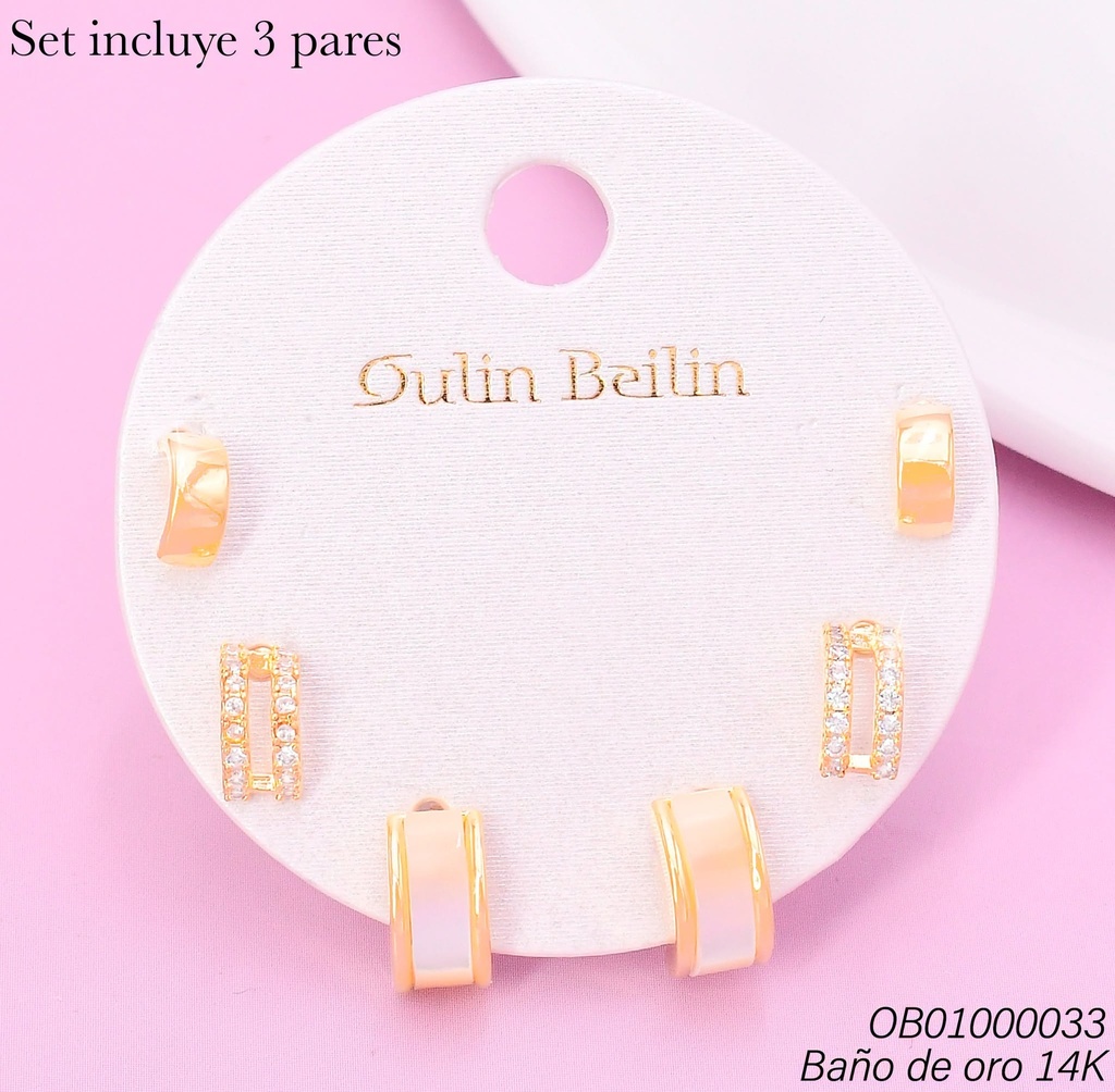 PAQ.3 PARES ARETES BAÑO DE ORO 14K."C"LISA/CROQUI/BLANCO 78869