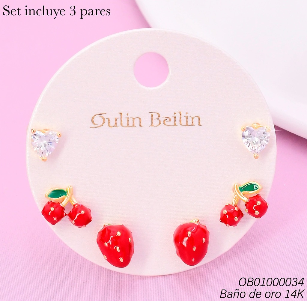 PAQ.3 PARES ARETES BAÑO DE ORO 14K.ZIRC.CORAZON/CEREZAS/FRESA 84247YZ