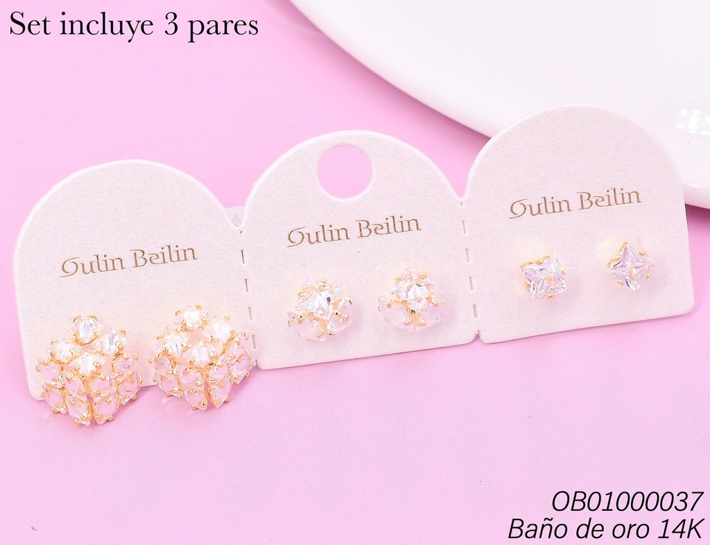 PAQ.3 PARES ARETES BAÑO DE ORO 14K. ZIRC.DADO/CUPULA/CD. 88514YZ