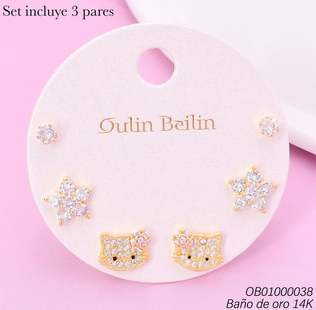 PAQ.3 PARES ARETES BAÑO DE ORO 14K.ZIRC.RD/FLOR/KITTY 88774YZ