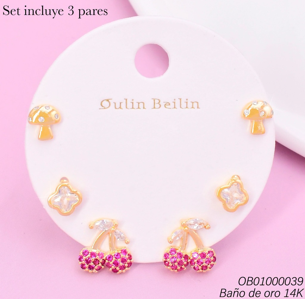 PAQ.3 PARES ARETES BAÑO DE ORO 14K.HONGO/VAN CLEEF/CEREZAS 89220YZ