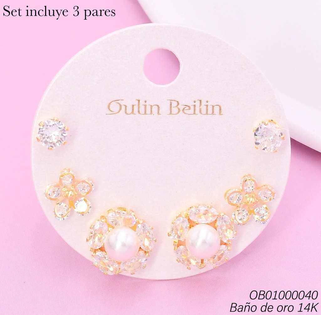PAQ.3 PARES ARETES BAÑO DE ORO 14K.ZIRC.RD/FLOR/RD.PERLA 89503YZ