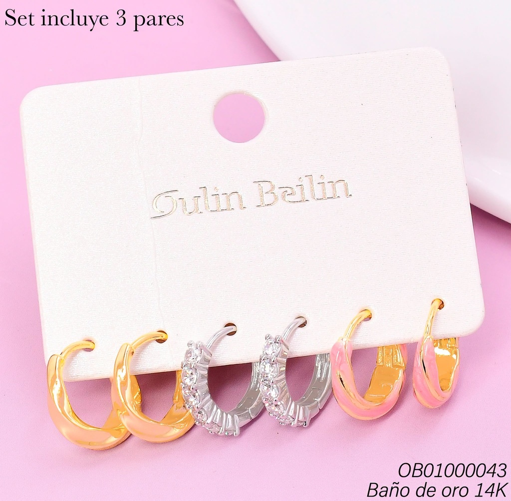 PAQ.3 PARES ARGOLLAS BAÑO DE ORO 14K.DOR/PLAT/ROSA 9192600