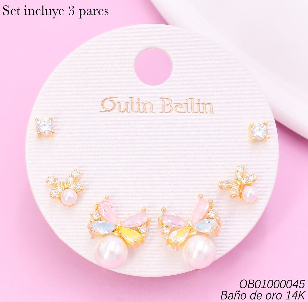 PAQ.3 PARES ARETES BAÑO DE ORO 14K.ZIRC.RD/LAZITO/LAZO PERLA 91135YZ