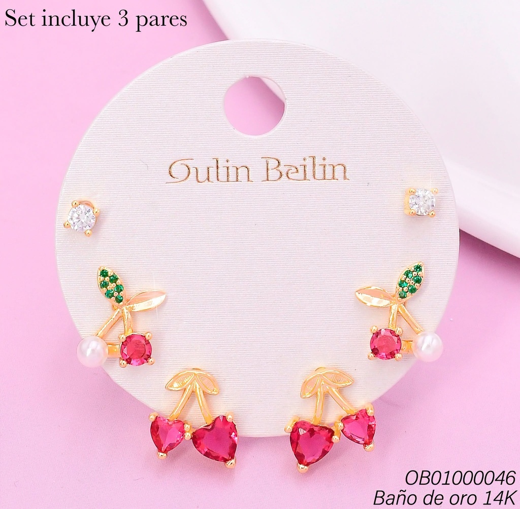 PAQ.3 PARES ARETES BAÑO DE ORO 14K.ZIRC.RD/CEREZA COR./CEREZA PERLITA 92457YZ