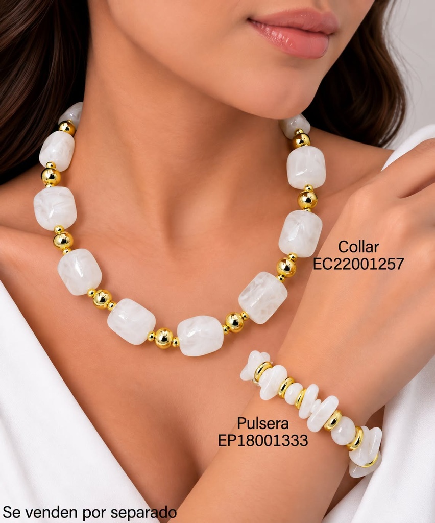 PULSERA ACRILICO PIEDRA RD/GOTA IRREG. BLANCA/RUEDITA DOR BE1281-21 (INV526)
