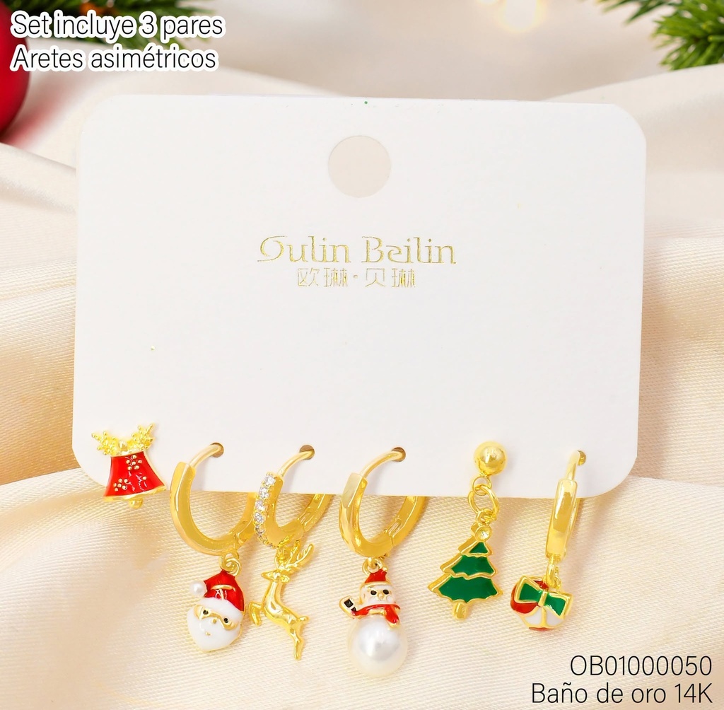 ARETES BAÑO DE ORO 14K. CAMPANA/SANTA CLAUS/RENO/ARBOL 83870YZ (NAV)