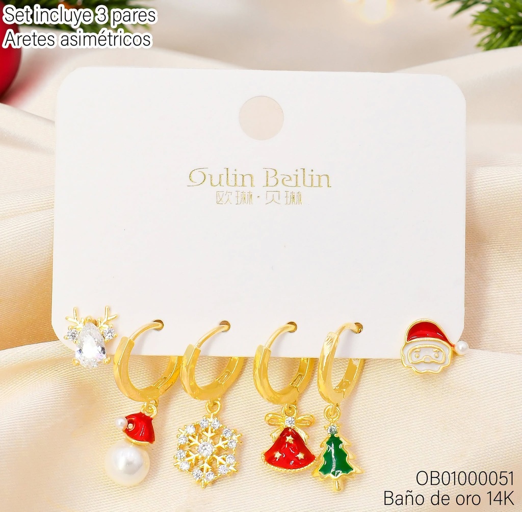 ARETES BAÑO DE ORO 14K. RENO/PERLA/ARBOL/SANTA CLAUS/COPO DE NIEVE 83873YZ (NAV)