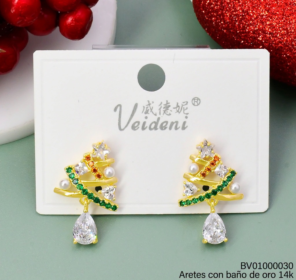 ARETES BAÑO DE ORO 14K.  ARBOL NAVIDEÑO ZIRC. EH-3210 (VEI080926)(NAV)