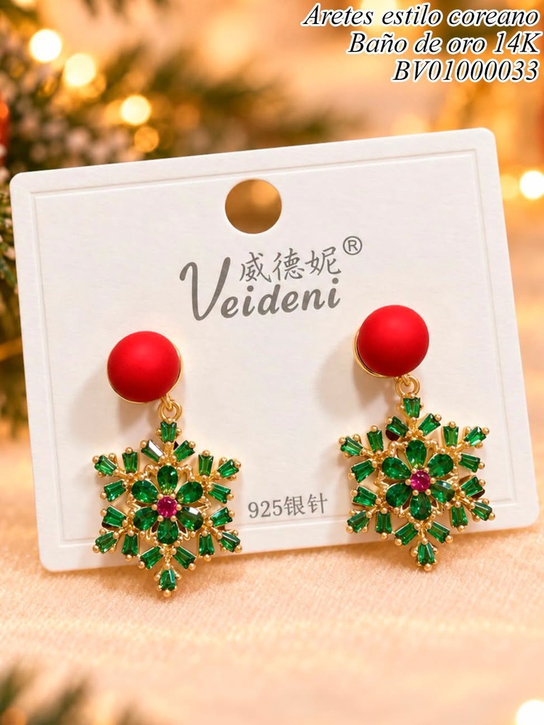ARETES BAÑO DE ORO 14K. PELOTITA ROJA/ COPO DE NIEVE ZIRC. EH-3225 (VEI080926)(NAV)(2VEI211026)