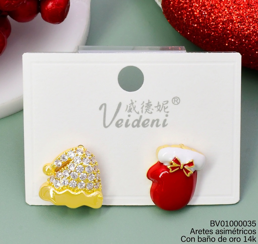 ARETES BAÑO DE ORO 14K. GORROS NAVIDEÑOS EH-3178 (VEI080926)(NAV)