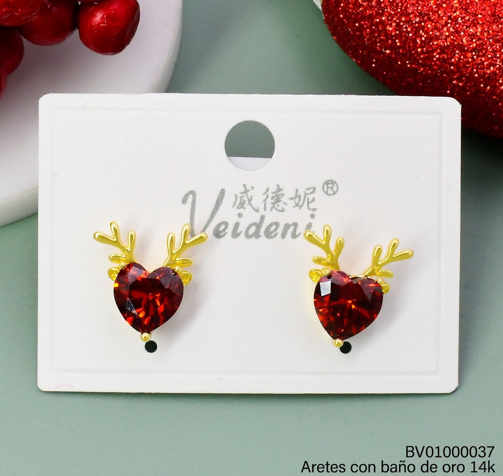 ARETES BAÑO DE ORO 14K. CORAZON ZIRC/RENO EH-3141 (VEI080926)(NAV)