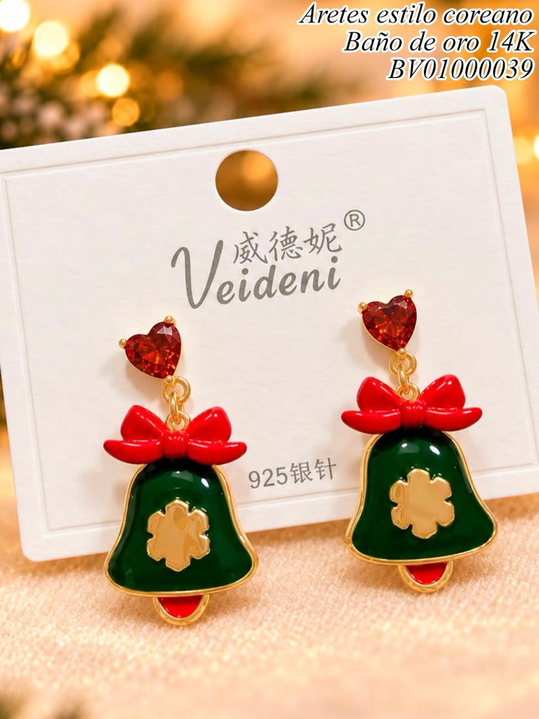 ARETES BAÑO DE ORO 14K CAMPANA NAVIDEÑA/ ZIRC CORAZON EH-3215 (VEI080926)(NAV)(2VEI211026)