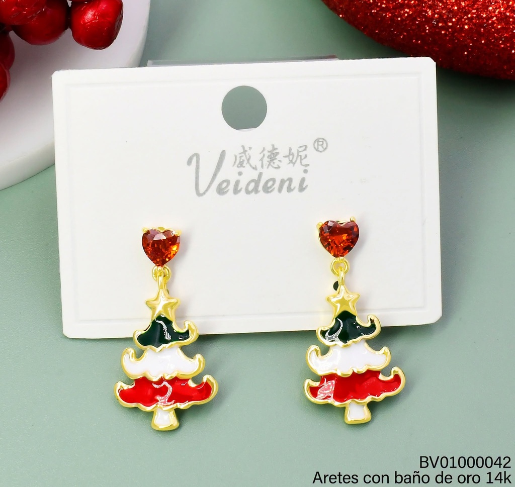 ARETES BAÑO DE ORO 14K. ARBOL NAVIDEÑO/ CORAZON ZIRC. EH-3193 (VEI080926)(NAV)(2VEI211026)