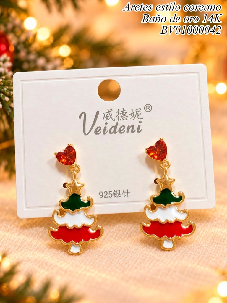 ARETES BAÑO DE ORO 14K. ARBOL NAVIDEÑO/ CORAZON ZIRC. EH-3193 (VEI080926)(NAV)(2VEI211026)