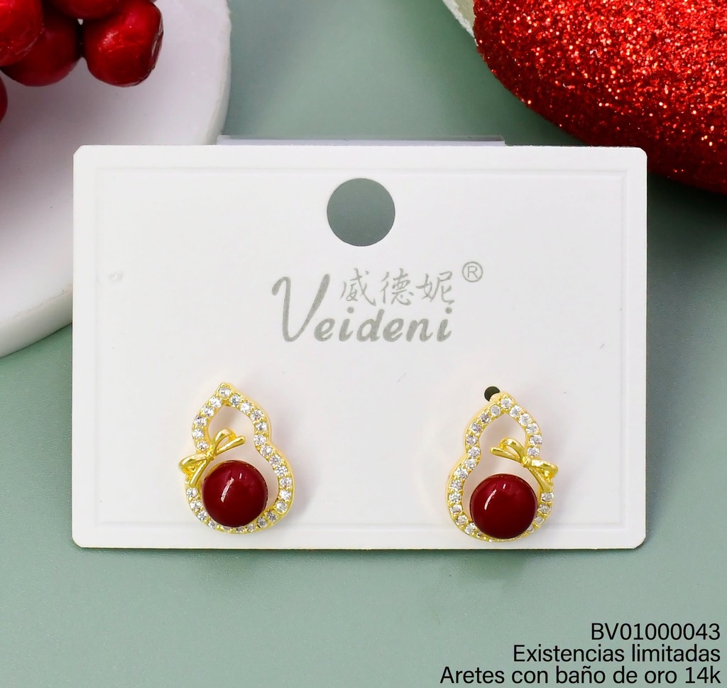 ARETES BAÑO DE ORO 14K. CROQUI ZIRC /LAZO/PELOTITA ROJA CENTRO EH-2265 (VEI080926)(NAV)