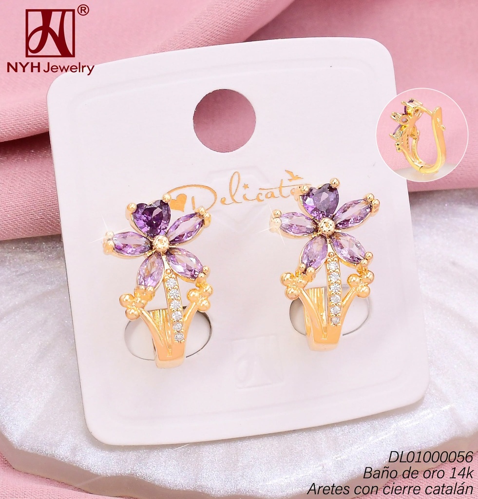 ARETES BAÑO DE ORO 14K HUGGIES FLOR ZIRC. LILA SS965E (DEL1)