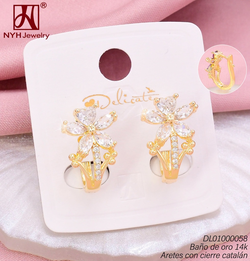 ARETES BAÑO DE ORO 14K. FLOR ZIRC CRISTAL SS965C (DEL1)