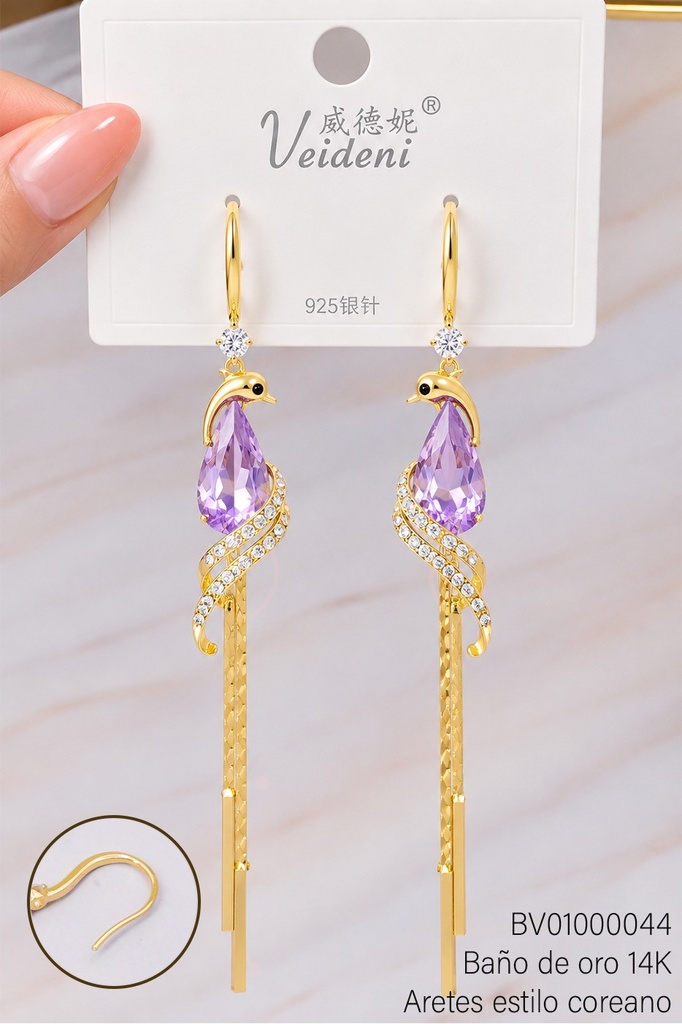 ARETES BAÑO DE ORO 14K. CABALLITO DE MAR ZIRC.ROSA  W-WY.EH1747(VEI080926)