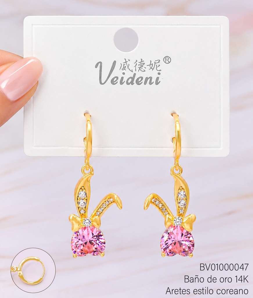 ARETES BAÑO DE ORO 14K. LAZO ZIRC /CONEJITO ROSA EH-3130(VEI080926)