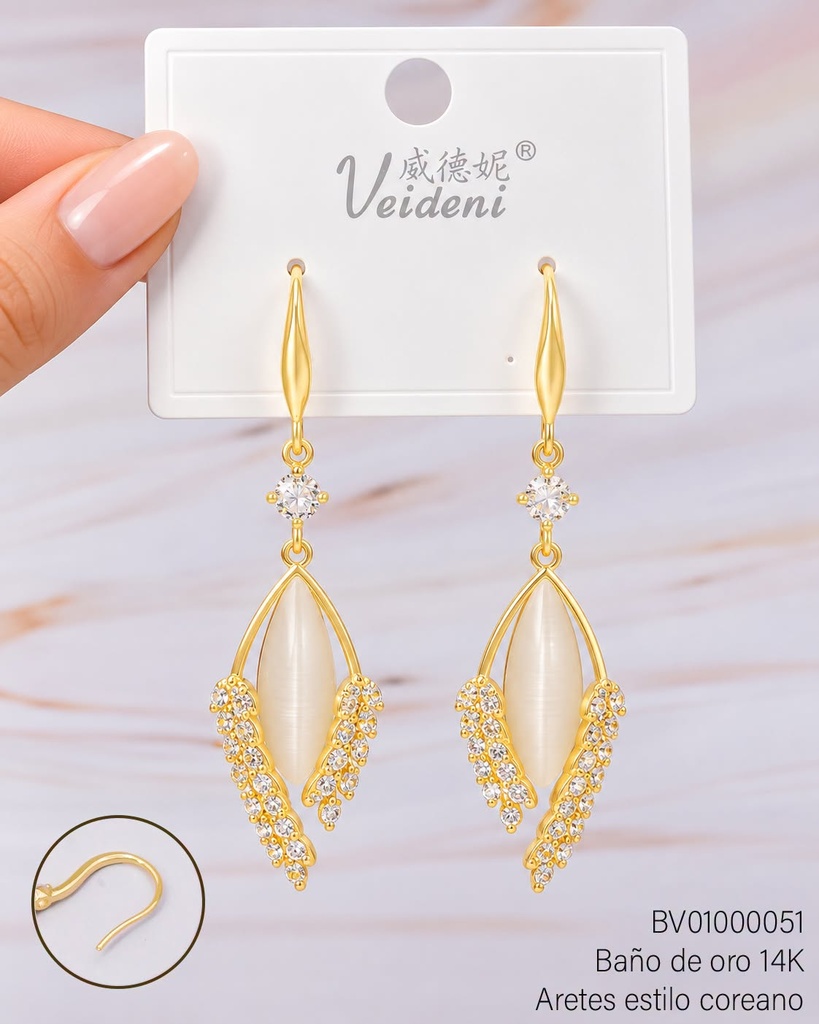 ARETES BAÑO DE ORO 14K. GOTA CREMA/RAMITAS ZIRC.EH-1111(VEI080926)