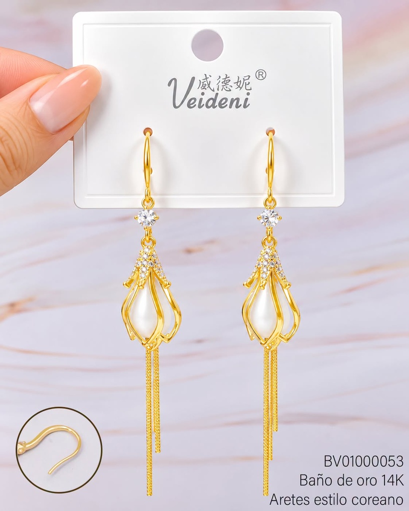 ARETES BAÑO DE ORO 14K. PIEDRA CREMA CUBIERTA/ PART. SUPERIOR ZIRC. EH-1530 (VEI080926)