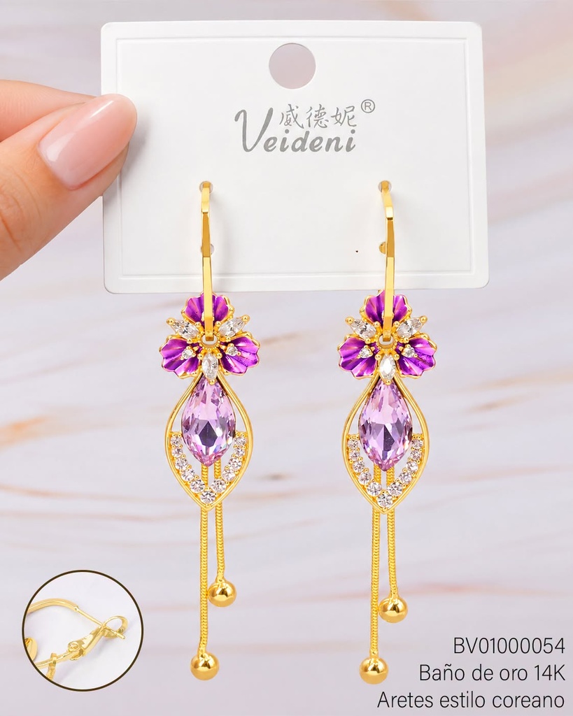ARETES BAÑO DE ORO 14K.FLOR & GOTA MORADA/COLGANTES EH-1383(VEI080926)