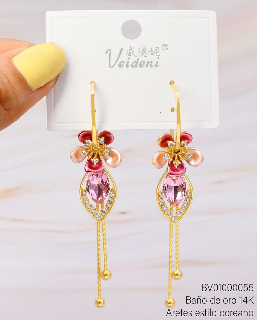 ARETES BAÑO DE ORO 14K. FLOR CROQUI GOTA/GOTA ZIRC ROSADA EH-1472(VEI080926)