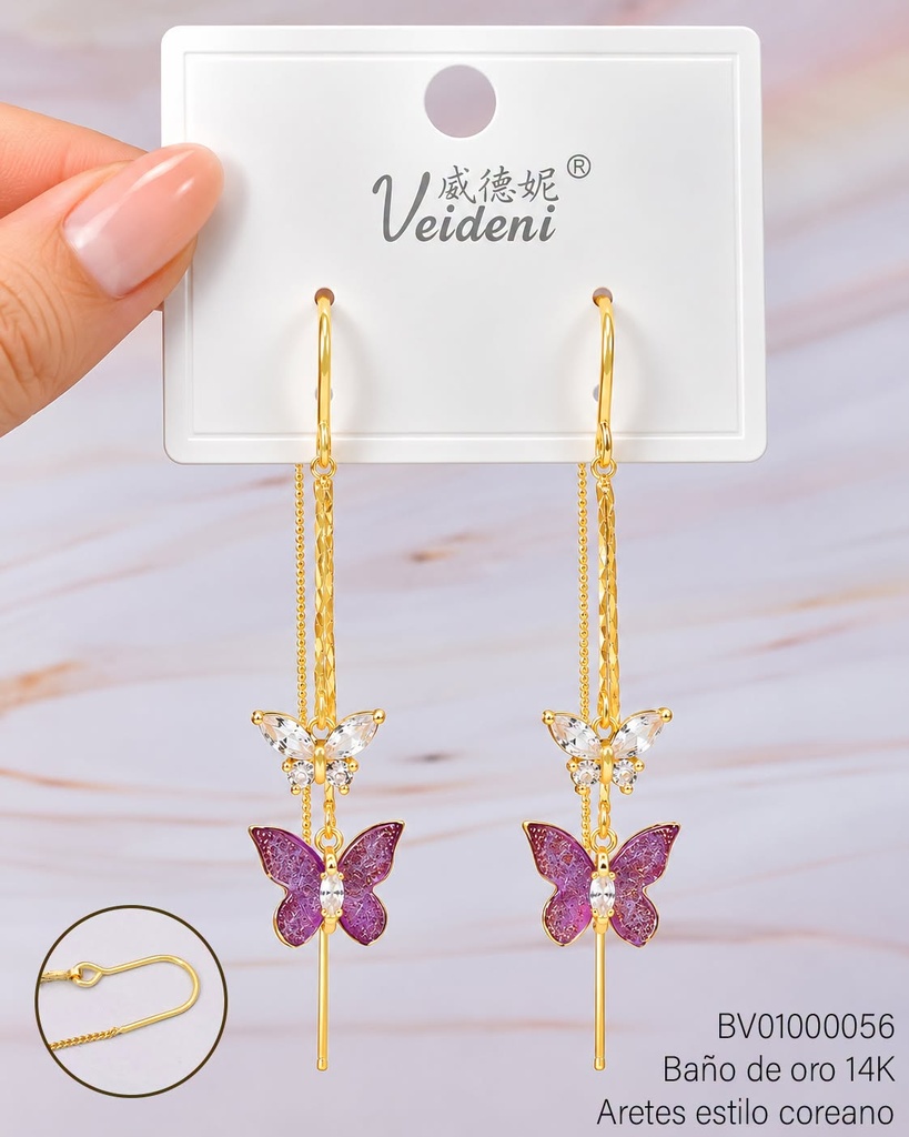 ARETES BAÑO DE ORO 14K. MARIPOSAS LILA & CRISTAL EH-2747 (VEI080926)