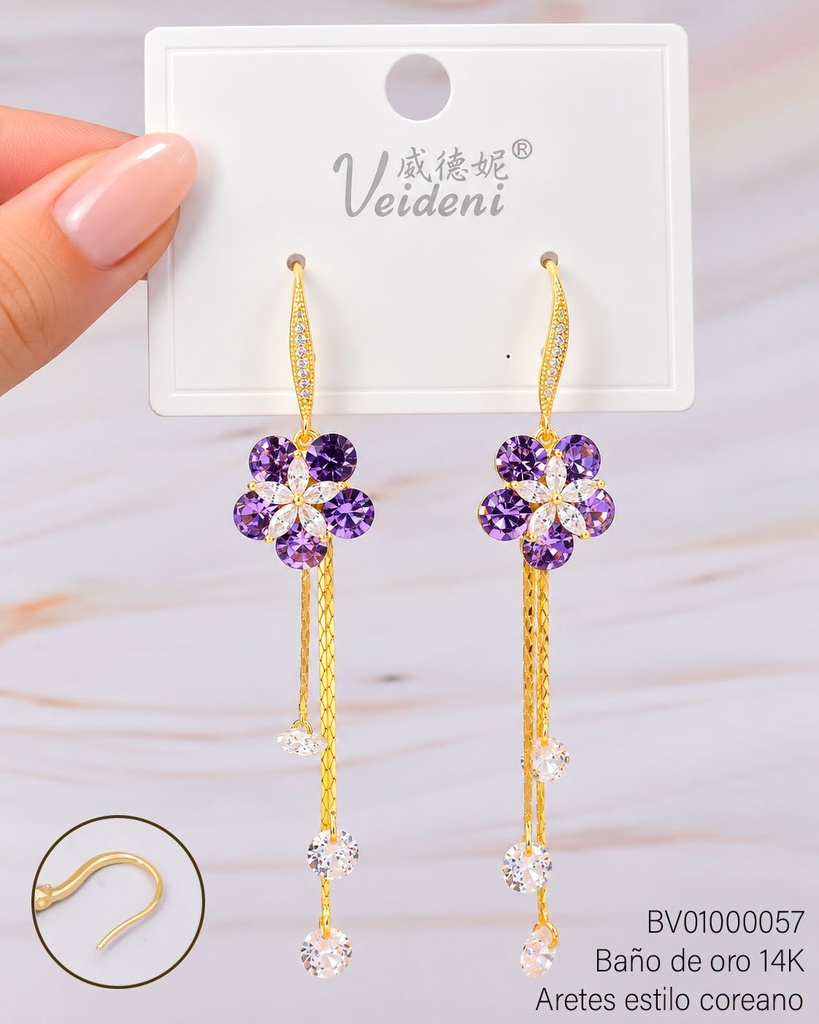ARETES BAÑO DE ORO 14K. FLOR LILA/CRISTAL CENTRO/COLGANTES EH-2947(VEI080926)