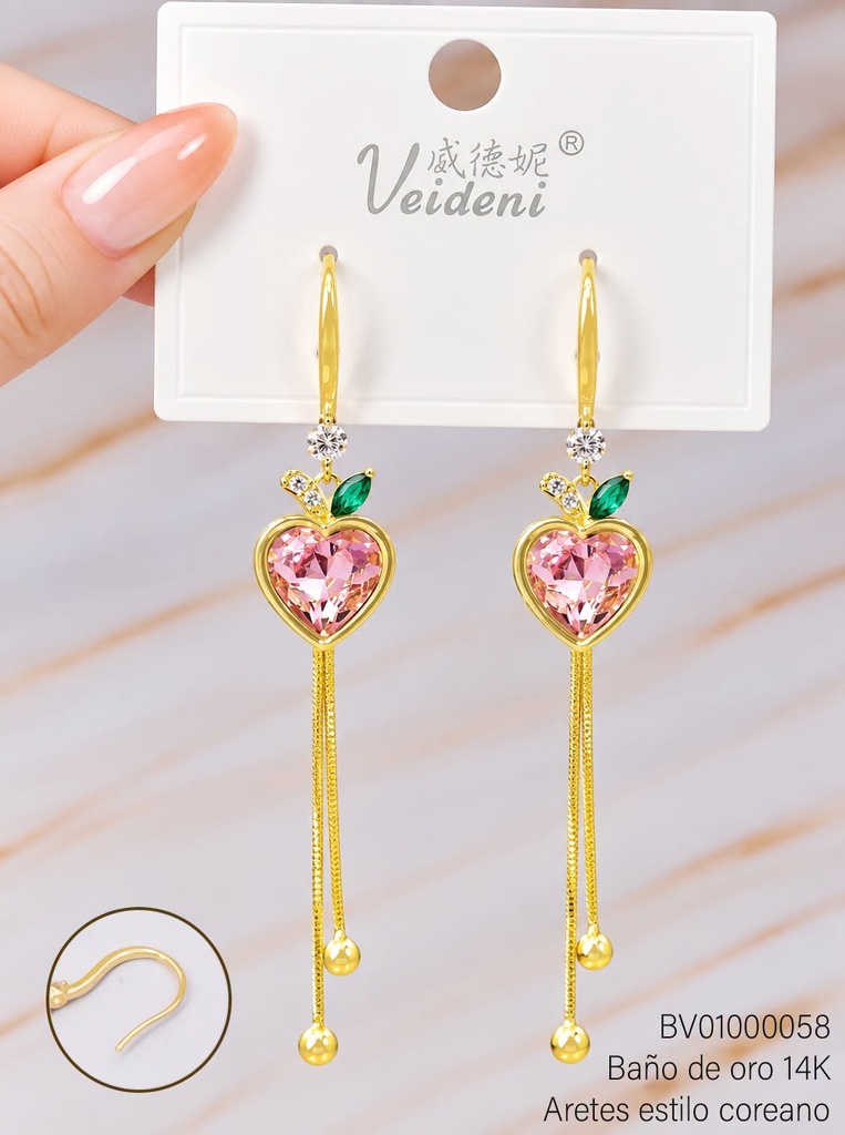 ARETES BAÑO DE ORO 14K. MANZANA (CORAZON) ZIRC. EH-4112(VEI080926)