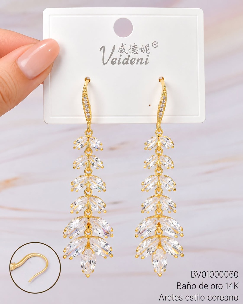 ARETES BAÑO DE ORO 14K. RAMITA ZIRC CRISTAL EH-0768 (VEI080926)