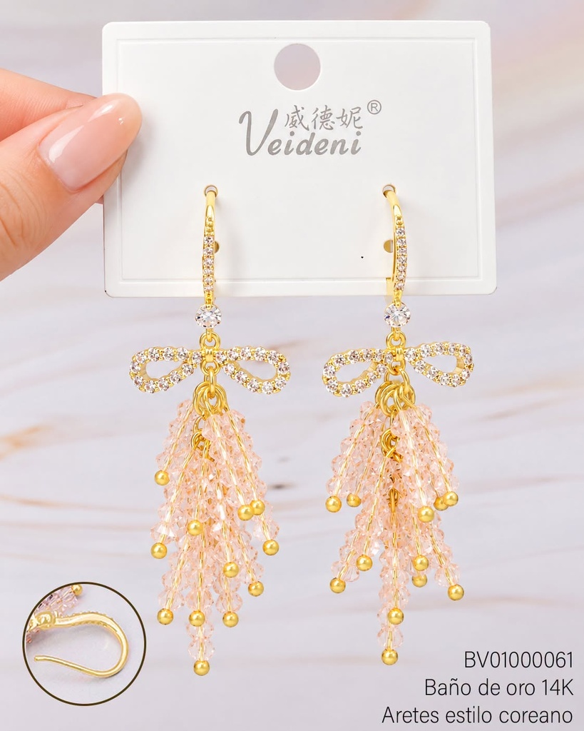 ARETES BAÑO DE ORO 14K. LAZO/COLGANTES ROSADOS MMEH-0598 (VEI080926)