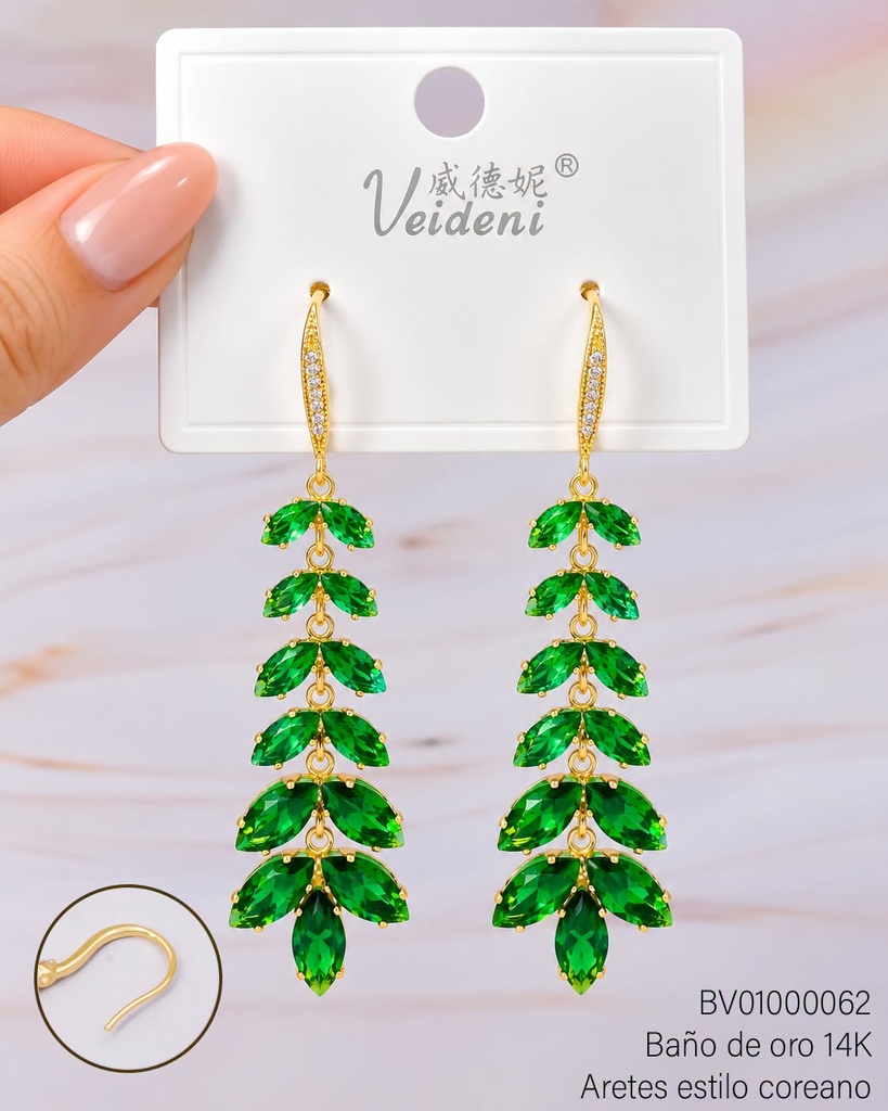 ARETES BAÑO DE ORO 14K. RAMITA ZIRC VERDE EH-0768(VEI080926)
