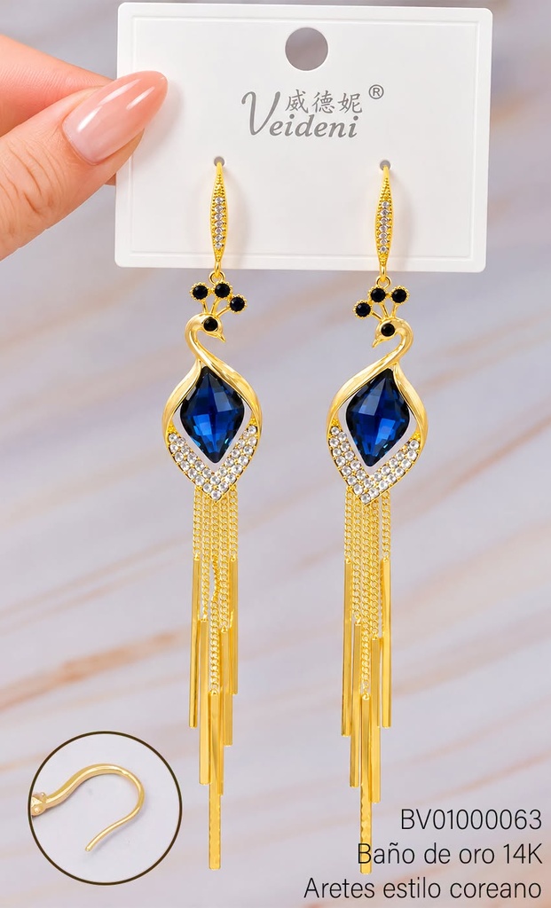 ARETES BAÑO DE ORO 14K. PAVO REAL ZIRC.  AZUL 1382 (VEI080926)