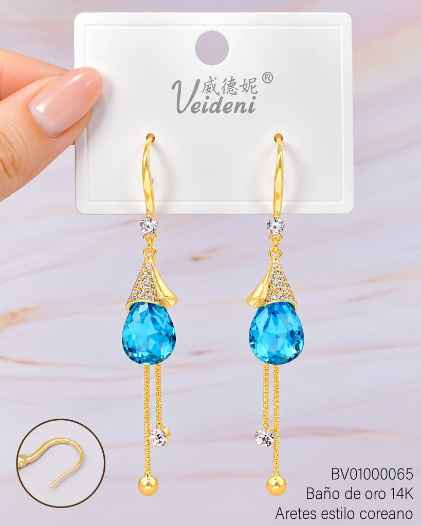 ARETES BAÑO DE ORO 14K. ZIRC CELESTE /TRIANGULO PARTE SUPERIOR W-EH3615 (VEI080926)