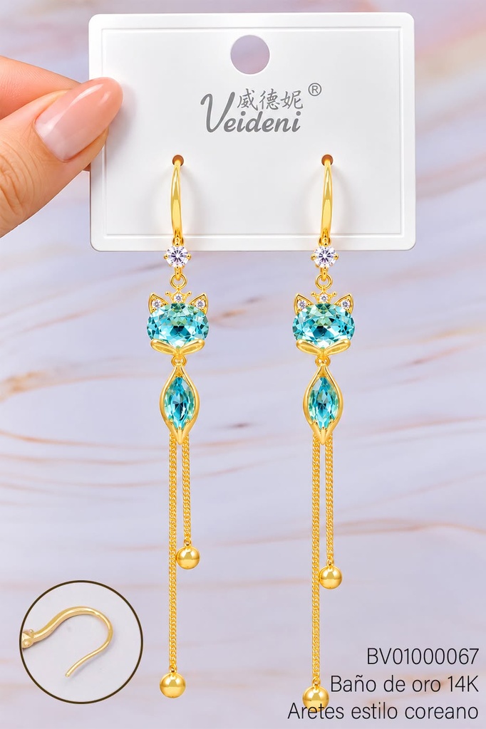 ARETES BAÑO DE ORO 14K. GATO CELESTE EH-2839(VEI080926)