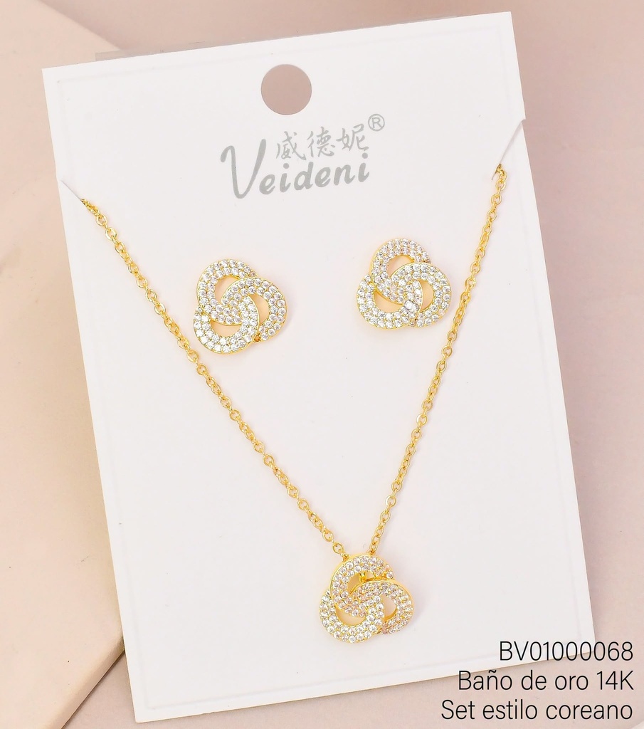 SET BAÑO DE ORO 14K. CIRC. ENTRELAZADOS ZIRC. WTZ-343 (VEI080926)