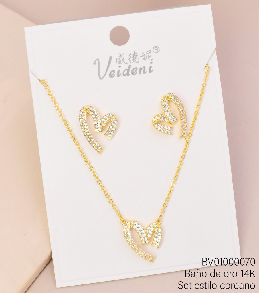 SET BAÑO DE ORO 14K. CORAZON ABIERTO ZIRC. WTZ-223 (VEI080926)
