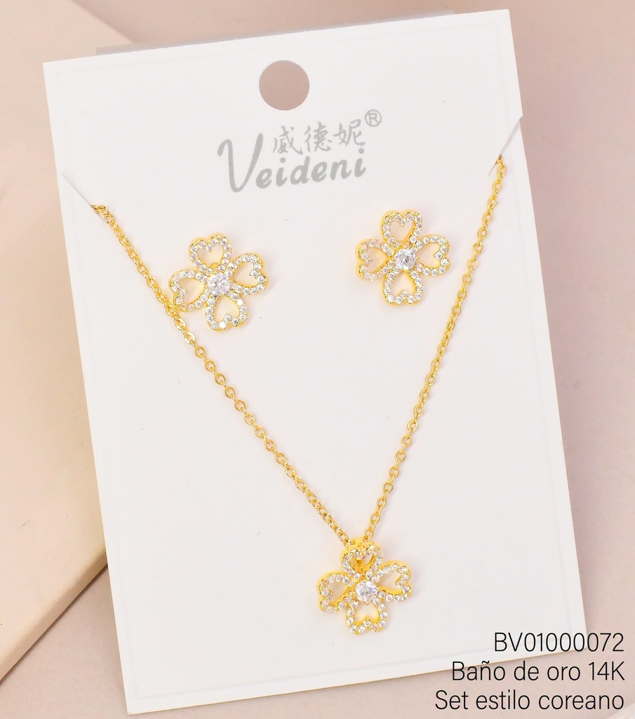 SET BAÑO DE ORO 14K.CROQUI FLOR PETALOS CORAZON ZIRC. WTZ-340 (VEI080926)