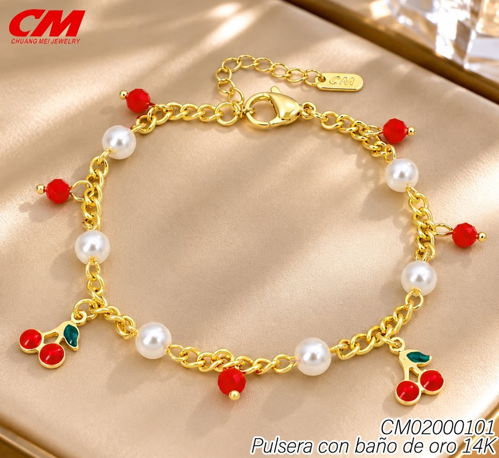 PULSERA BAÑO DE ORO 14K. PERLA/PELOTITAS ROJAS CS-15900001 (27A)