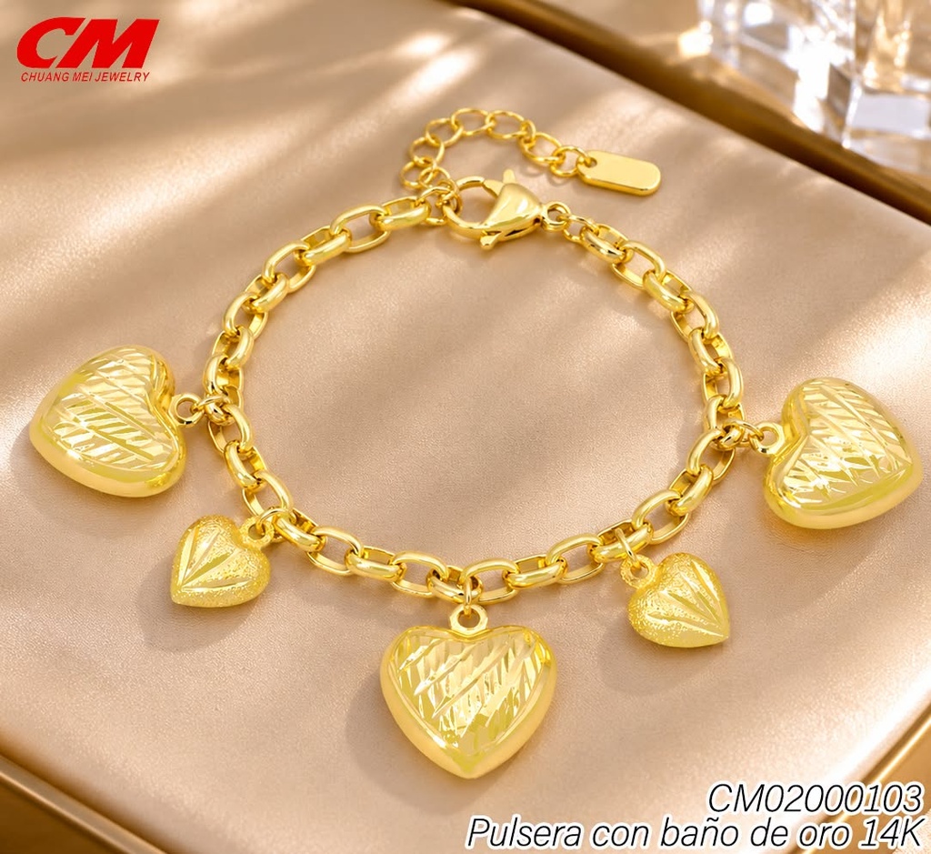 PULSERA BAÑO DE ORO 14K. CORAZONES GR.DIAMANTADOS CS-23690002 (27A)