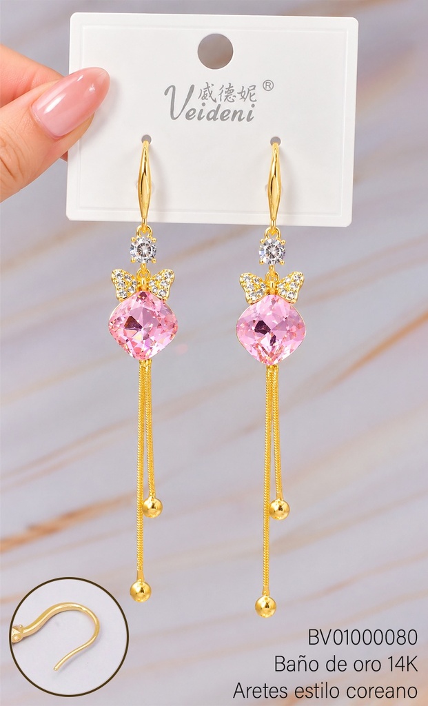 ARETES BAÑO DE ORO 14K. LAZO ZIRC ROMBO ROSA EH-4169(VEI080926)
