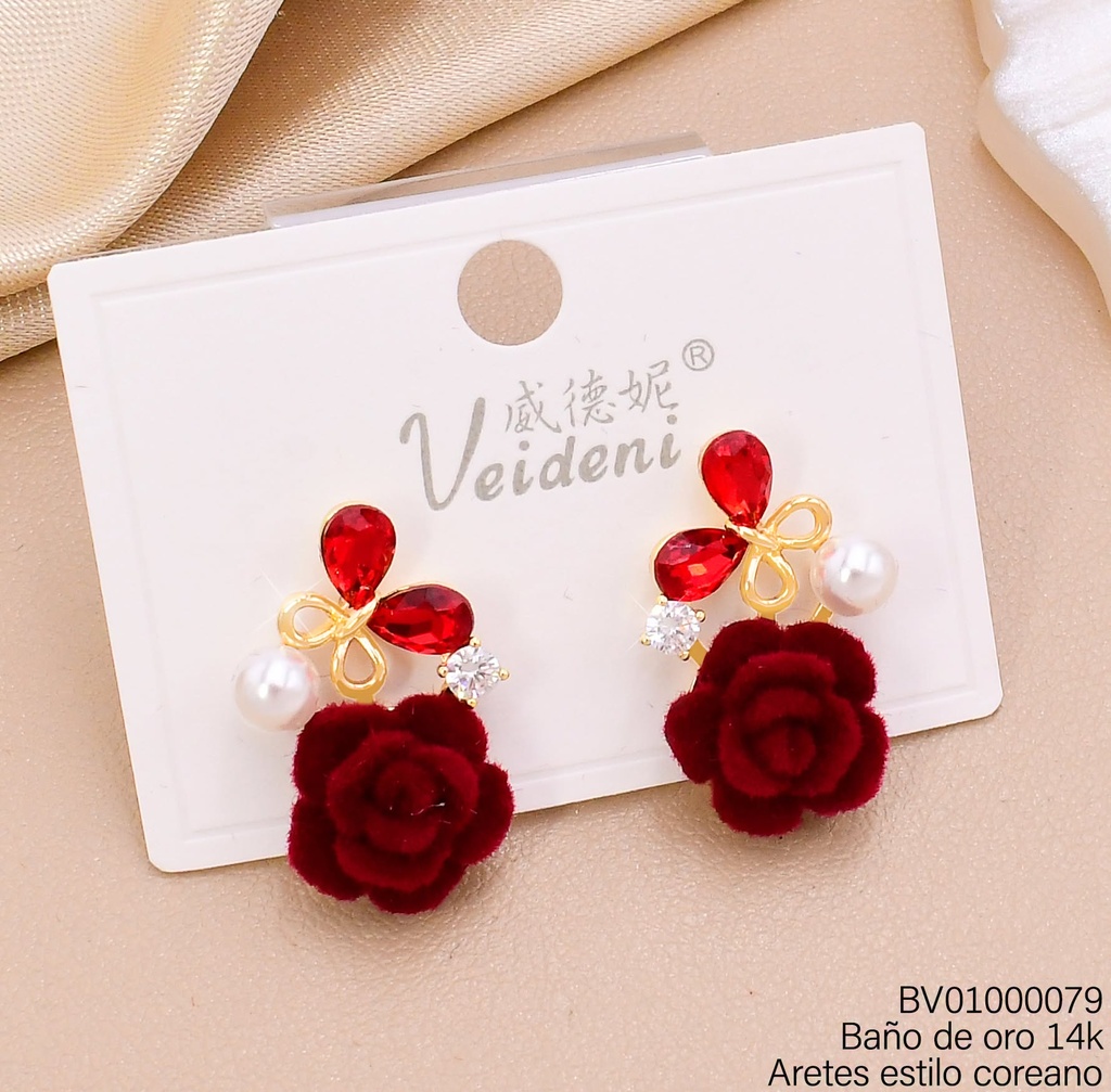ARETES BAÑO DE ORO 14K.MARIPOSA ZIRC/FLOR GAMUZA ROJA/PERLA  EH-4418 (VEI080926)