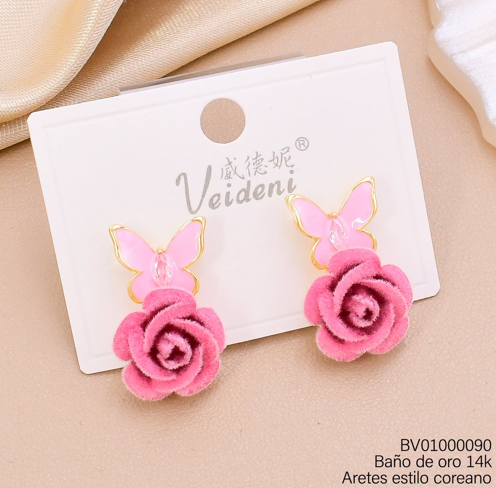 ARETES BAÑO DE ORO 14K MARIPOSA ESMALTADA/FLOR GAMUZA ROSADA EH-4443 (VEI080926)